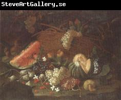 unknow artist Still life of a watermelon,red and white grapes,figs,cherries,mushrooms,a melon,and a basket with vine-leaves,upon a ledge